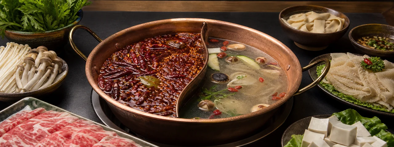 红白鸳鸯火锅与新鲜食材